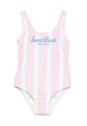 Bañador de una pieza con rayas verticales rosa y blancas y texto azul "Saint Barth Beach Club" en el pecho.