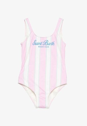 Maillot de bain une pièce avec des rayures verticales roses et blanches et le texte bleu « Saint Barth Beach Club » sur la poitrine.