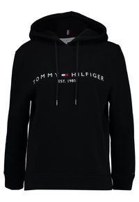 Czarna bluza z kapturem wykonana z mieszanki bawełny, z nadrukiem logo z przodu "TOMMY HILFIGER EST. 1985" w białym i czerwonym kolorze, z sznurkami i ściągaczami przy rękawach.
