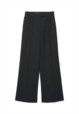 Schwarze, weit geschnittene Hose mit weißem Polka-Dot-Muster, aus leichtem Material, mit einem Bund und minimalen Details.