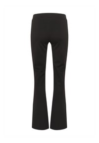 Pantalons évasés noirs avec une texture lisse et une taille élastique, présentant un style ajusté qui s'affine vers un ourlet élargi au niveau de la cheville.