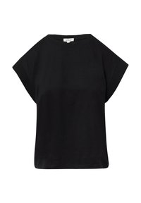 Schwarzes Kurzarm-T-Shirt mit Rundhalsausschnitt und weiten Ärmeln, versehen mit einem kleinen weißen Markenetikett am Ausschnitt.