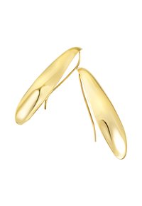 Guldfärgade glasögon med släta, avlånga linser och minimalistisk design. Den blanka ytan förstärker ljusreflektionen; har tunna, böjda stänger.