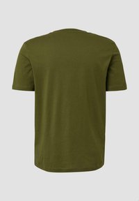 Olijfgroene T-shirt met korte mouwen en een ronde hals. Gemaakt van katoen, met een gladde textuur en een rechte zoom aan de onderkant.