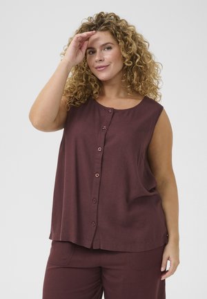 Burgundy sleeveless top with a round neckline, front button closure, and loose fit. Made of soft fabric, featuring a smooth texture and no patterns.