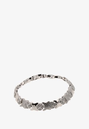 Ezüst színű karkötő, amely összefonódó csillag és kör formákkal, texturált díszítésekkel és sima, fényes részekkel rendelkezik a kontraszt érdekében.