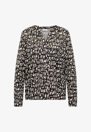 Czarna i kremowa bluzka z długim rękawem, ozdobiona abstrakcyjnym wzorem, z dekoltem w kształcie litery V oraz miękkiego materiału o swobodnym kroju.