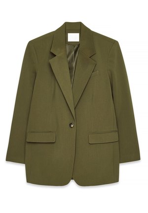 Olivgrüner Blazer aus strukturiertem Stoff, mit einem einzigen schwarzen Knopf, Revers und zwei aufgesetzten Taschen. Futter ist sichtbar.