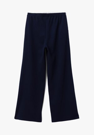 Pantaloni larghi blu navy realizzati in tessuto morbido, con vita elasticizzata e una superficie liscia, dal taglio dritto e senza fantasie.