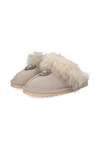 Pantofole in suede color beige con un morbido bordo in pelliccia, design a punta arrotondata, accento grigio testurizzato e suola in gomma beige con dettagli antiscivolo.