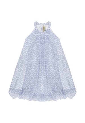 Vestito celeste senza maniche con piccolo motivo floreale bianco, colletto arricciato e tessuto fluido e trasparente.