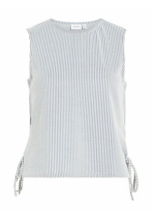 Valgetuvalge top peente vertikaalsete mustade triipudega, ümar kaelus ja külgedel paelad ääres.