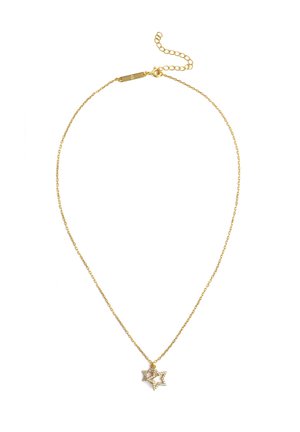 Złoty naszyjnik z podwieszką w kształcie podwójnej gwiazdy ozdobioną małymi, przezroczystymi kamieniami, z regulowanym zapięciem i przedłużką.