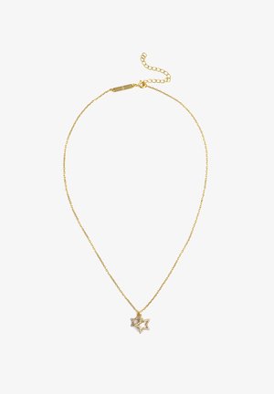 Collier en chaîne dorée avec un pendentif double étoile orné de petites pierres claires, muni d'un fermoir réglable et d'une chaîne d'extension.
