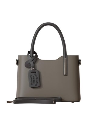 Taupe leather handbag with two handles, detachable shoulder strap, and tag reading "Genuine Leather, Made in Italy" hanging from the handle.