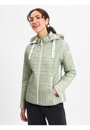 Gesteppte, hellgrüne Jacke mit Kapuze, ausgestattet mit weißen Reißverschlüssen und verstellbaren Trägern. Weiche Textur und elegantes Design mit Seitentaschen.