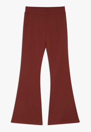 Flared broeken in een diepe roestkleur, gemaakt van rekbare stof. Kenmerkt een hoge tailleband en een gladde textuur, zonder zichtbare patronen of accenten.