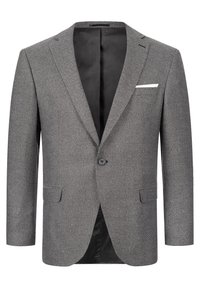 Blazer a motivo houndstooth grigio con chiusura a un bottone, rever a punta, taschino sul petto e due tasche laterali. Interno foderato in nero.