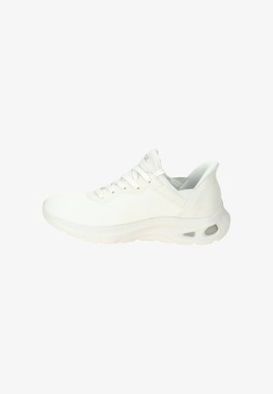 White athletic sneaker with mesh upper, lace-up closure, cushioned sole, and heel ventilation holes, shown in right side profile.