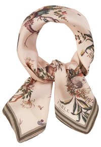 Silk scarf in pale pink, featuring a botanical print with birds and leaves. Edges have a contrasting brown border with branding.