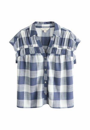 Koszula z krótkim rękawem w granatowo-biały wzór w kratę, z zapięciem na guziki z przodu, kołnierzykiem i marszczonym detalem na ramionach.