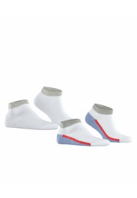 Witte enkelsokken met grijze geribbelde boorden, voorzien van rode en blauwe accentstrepen aan de zijkant voor extra visuele details.