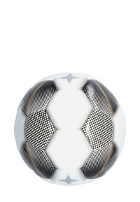 Fußball mit einer glatten, glänzenden weißen Oberfläche, die mit schwarzen und silbernen geometrischen Mustern verziert ist, ergänzt durch goldene Linien und einem Sternmotiv.
