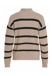 Pull en tricot beige avec des rayures horizontales noires et un col rond haut, vu de dos.