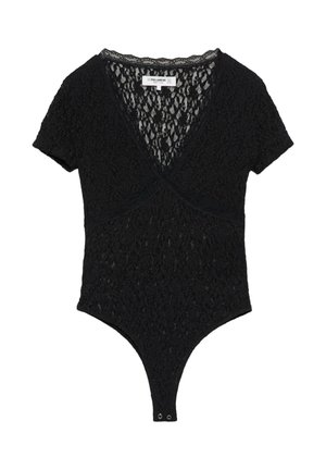Czarny koronkowy body z krótkim rękawem, dekoltem w kształcie litery V, kwiatowym wzorem oraz zapięciami na zatrzaski w kroku, rozmiar średni.