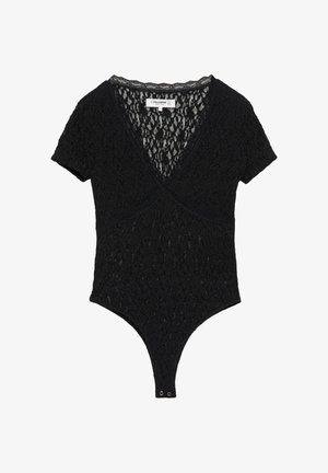 Body en dentelle noire à manches courtes avec col en V, motif floral, et fermetures à pression à l'entrejambe, taille moyenne.