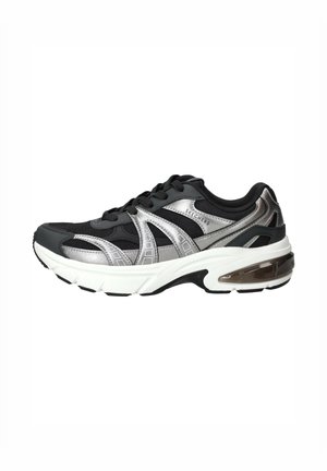 Zwart-zilveren Skechers sportschoen met witte zool, veterdesign en zichtbare luchtvering in de hiel.