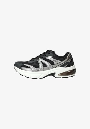 Zwart-zilveren Skechers sportschoen met witte zool, veterdesign en zichtbare luchtvering in de hiel.