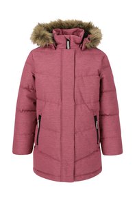 Lyserød polstret jakke med faux fur hætte, lynlås foran og to sidelommer med sorte lynlåslukninger. Har quiltet tekstur og en lige skæring.