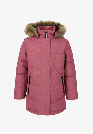 Roze gewatteerde jack met een nepbont capuchon, rits aan de voorkant en twee zijzakken met zwarte ritsafsluitingen. Heeft een doorgestikt patroon en een rechte snit.