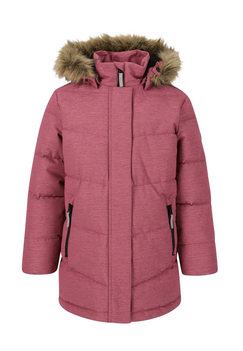 Lyserød polstret jakke med faux fur hætte, lynlås foran og to sidelommer med sorte lynlåslukninger. Har quiltet tekstur og en lige skæring.