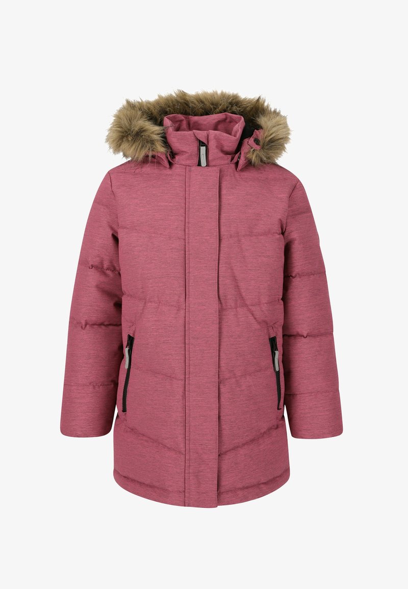 Lyserød polstret jakke med faux fur hætte, lynlås foran og to sidelommer med sorte lynlåslukninger. Har quiltet tekstur og en lige skæring.