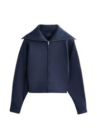 Laivaston sininen vetoketjullinen svetari, jossa leveä resorikaulus, pitkät hihat ja resorireunukset, esitetty valkoisella taustalla.