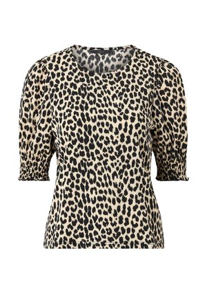 Beige blouse met korte mouwen en zwart luipaardprintpatroon, ronde halslijn en elastische geplooide manchetten aan de mouwen.