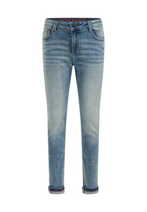 Hellblaue, ausgewaschene Slim-Fit-Jeans mit umgeschlagenen Bündchen, Knopfverschluss, vorderen Taschen und dezenten horizontalen Abriebstellen in Taillennähe.