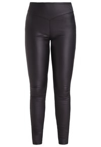 Leggings neri in ecopelle con vita alta, design aderente e texture liscia. Presentano cuciture minime e nessun hardware visibile.