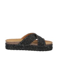 Sandali a scivolo neri intrecciati con cinturini incrociati e soletta imbottita. La suola intrecciata aggiunge texture e un design con piattaforma rialzata.