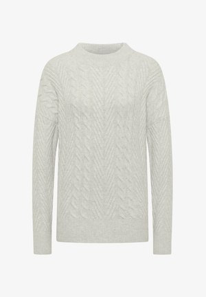 Hellgrauer Strickpullover mit einem strukturierten Zopfmuster, rundem Ausschnitt und langen Ärmeln. Weicher, mitteldicker Stoff mit gerippten Bündchen.