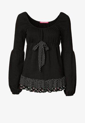 Zwarte blouse met lange mouwen, een ronde hals, pofmouwen, polkadotstrik bij de borst en een polkadot en bloemige ruchezoom.