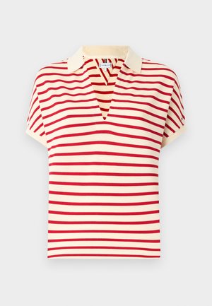 Lühikeste varrukatega polo-särk, millel on punane ja kreemjas triibuline muster. V-kujuline disain, krae ja pehme, tekstuuriga kangas.