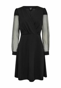 Black dress with a deep V-neck and wrap design. Features sheer, long sleeves and a flared skirt. Soft fabric with a smooth texture.