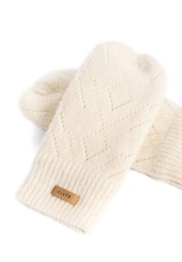 Moufles crème tricotées à la main avec un motif en losange, fabriquées en laine douce, dotées d'un poignet côtelé et d'une étiquette de marque en cuir.