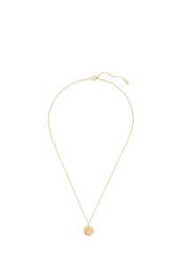Zlati ovratnik z nežno verigo in okroglo vislico z teksturirano zasnovo. Prilagodljiva dolžina z zaponko in majhnim detajlom na koncu.