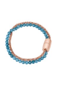Pulsera de cuentas de aguamarina con un acento y cierre de alambre en oro rosado, que presenta una forma redonda y una textura suave. Cuenta con cuentas facetadas que brillan.