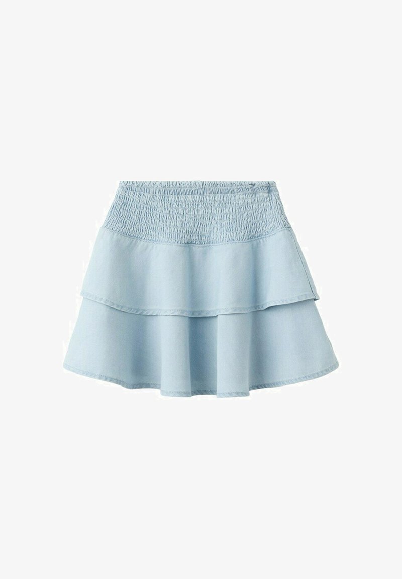 Jupe à volants bleu clair avec taille smockée élastique et couches inférieures évasées, adaptée pour un usage décontracté.