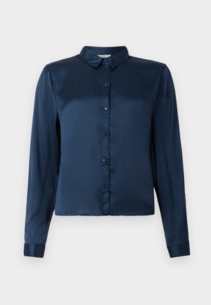 Navy blue long-sleeve shirt made of smooth satin, featuring a collared neck and button-down front. Simple design, no patterns or accents.